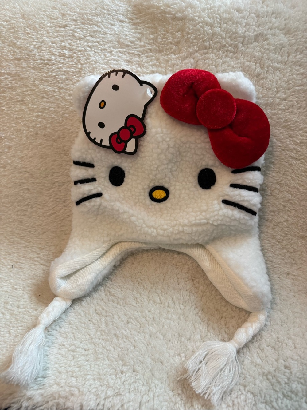 Hello Kitty White Plush Hat with Red Bow